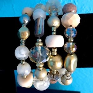 Chico’s Beaded Coil Bracelet Gold Pink Taupe Gray Pearly Natural Neutral